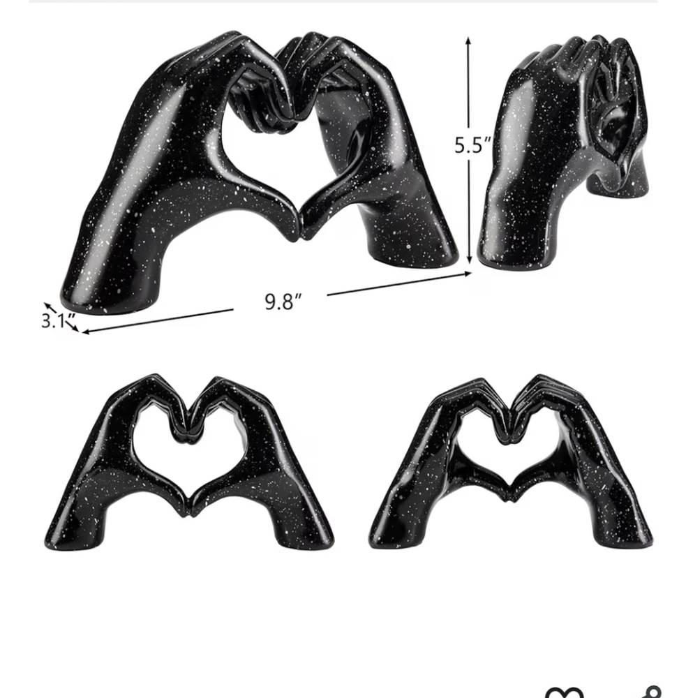 Black Marbled Resin Heart Hands Sculpture - Picture 2 of 5